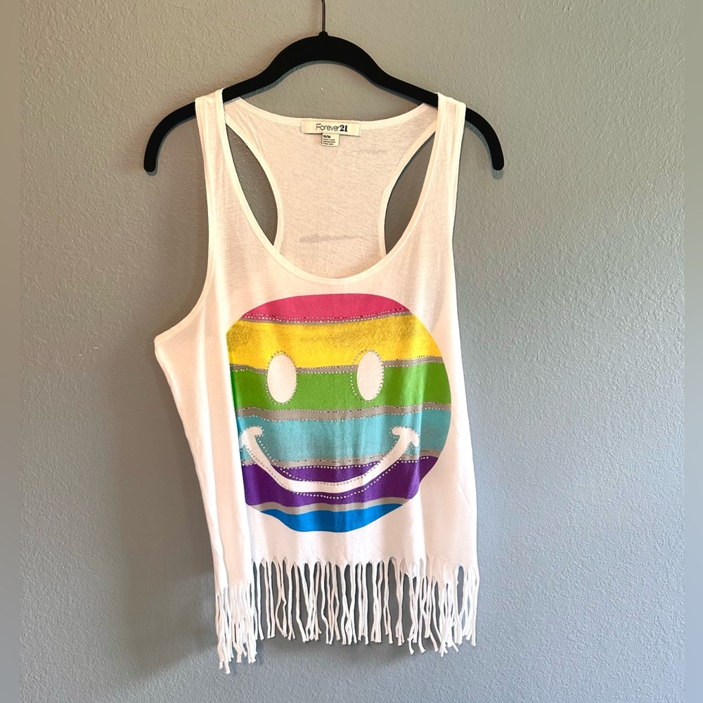 Forever 21 Women’s Smiley Face Hippy Rainbow Tank Top- Medium